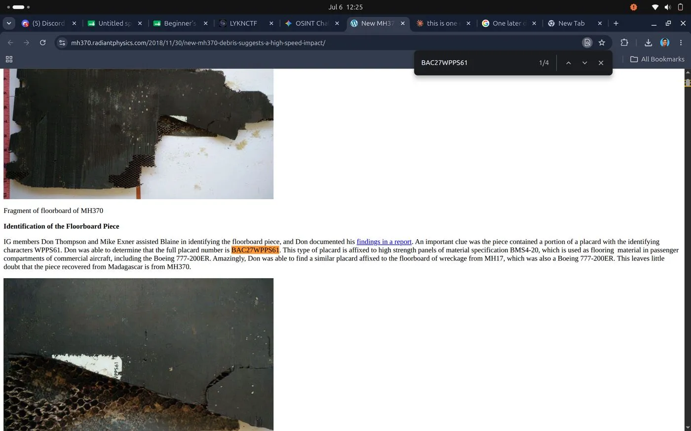 Debris report referenced during the investigation, with URL