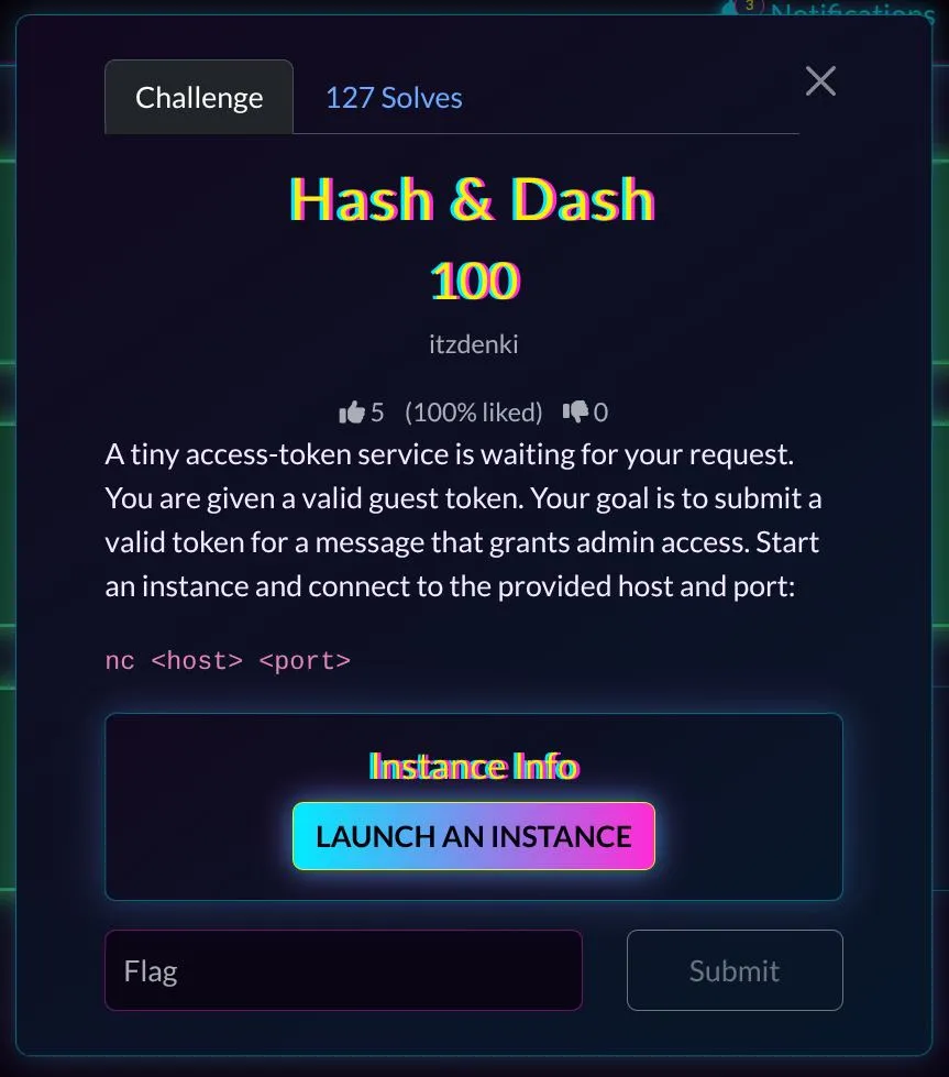 Challenge description for Hash & Dash