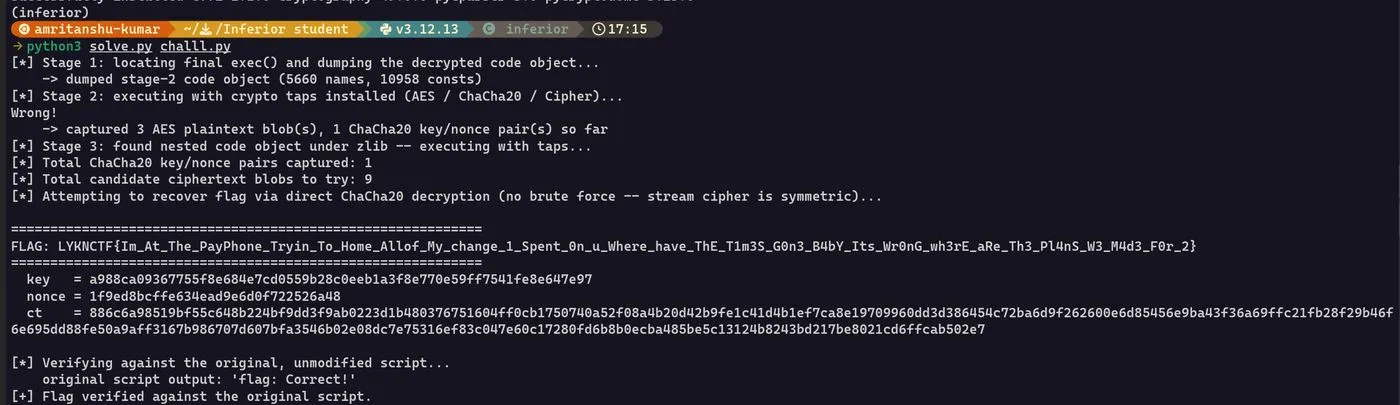 Final solver output confirming the recovered flag